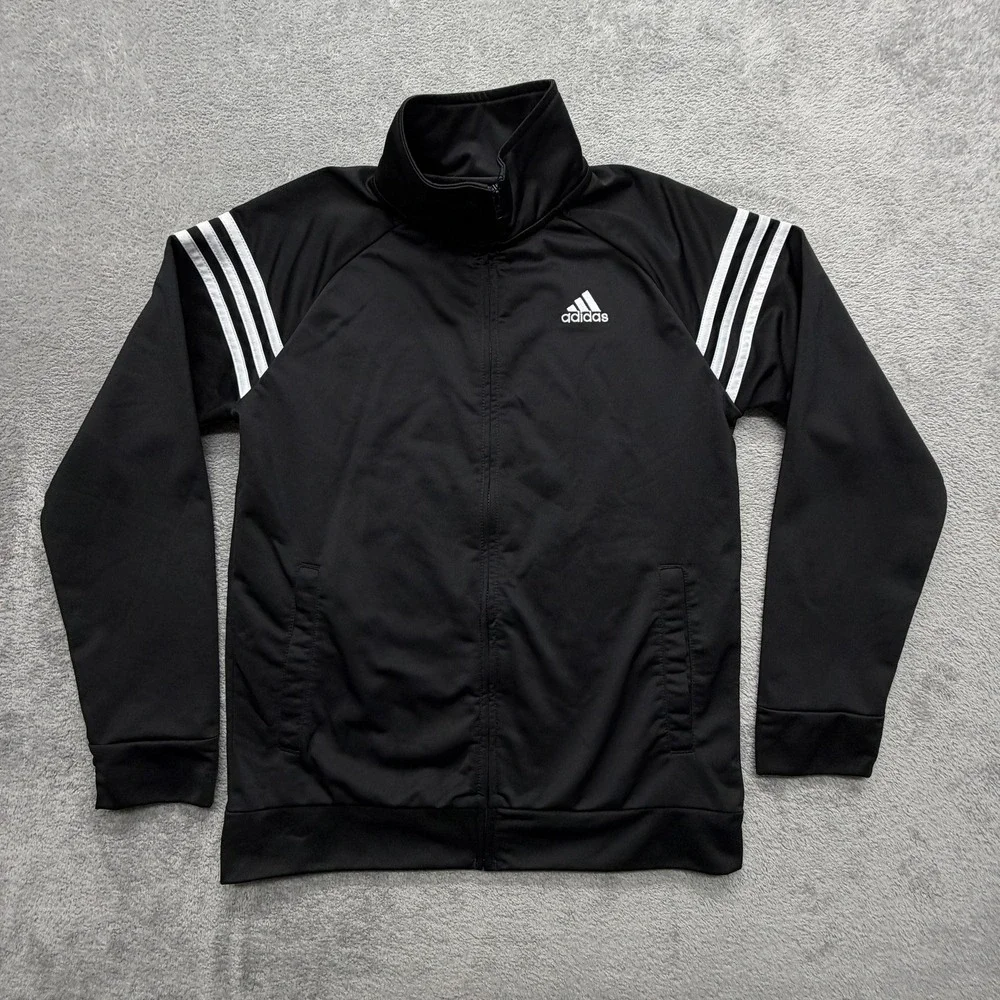 Adidas Jacket Youth Large 14-16 Black 3 Stripe Track Full Zip Athletic Logo